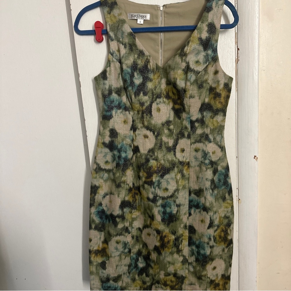 Kay Unger Beige green black cotton metallic sleeveless dress size 6